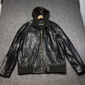 Sean John Jacket Faux Leather Mens XL Black Brown Heavy Hooded New York Durable